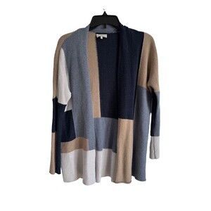 Lucky Brand Blue & Tan Cardigan Sweater Wool Cashmere Viscose Blend Oversized
